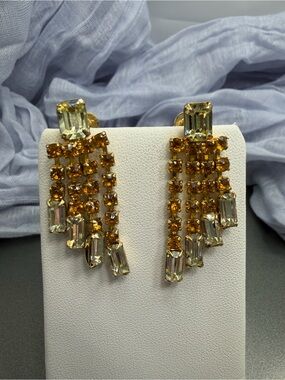 Vintage Continental Jonquil Amber Crystal Drop Earrings #352se